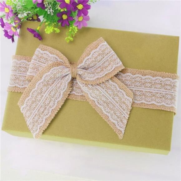 Natural Jute Burlap Ribbon Roll with White Lace Trims Tape for DIY - Picture 3 of 8